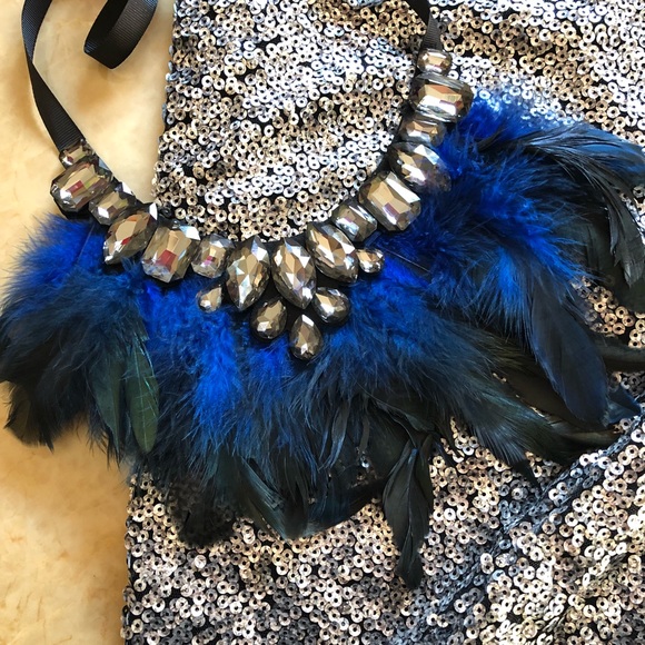 J's Closet Jewelry - Jeweled Blue Feathers Statement Necklace